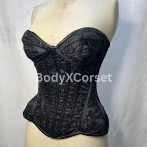 Black Overbust Corset: Sequin Lace Gothic Victorian Longline Bustier
