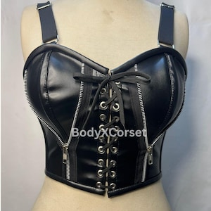 Black Faux Leather Corset Top with Zipper | Gothic Bustier Crop Top | Adjustable Straps | Fetishwear, Clubwear, Steampunk Lingerie, Cosplay