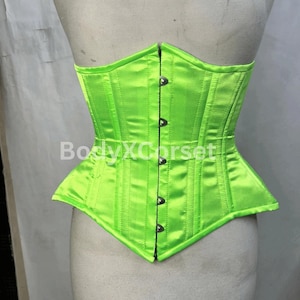 Neon Green Longline Underbust Corset – Steel Boned Waist Trainer for Tight Lacing | Satin Gothic Corset | Burlesque Steampunk Corset Top