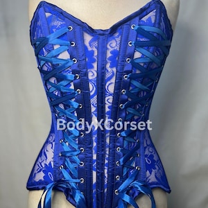 Blue Lace Corset Top for Women - Overbust Satin Steel Boned Corset Lingerie - Gothic Waist Trainer Bustier - Plus Size Lace-Up Corset