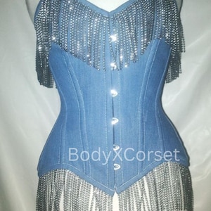 Denim Overbust Corset: Steel Boned Fringe Waist Trainer, Rave Festival Outfit Custom Costume
