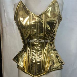 Gold Metallic Corset Top for Women – Shiny PVC Peplum Waist Cincher – Burlesque Clubwear Steampunk Corset – Festival Party Corset Top