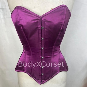 Purple Satin Overbust Strapless Gothic Longline Corset Custom Made Curvy Waist Trainer Corset Top For Women Steel boned Party Corset