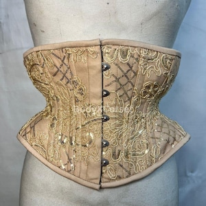 Embroidered Waspie Corset Underbust Belt – Beige Gold Lace Waist Cincher – Victorian Steampunk Brocade Corset Bridal Burlesque Belly Corset