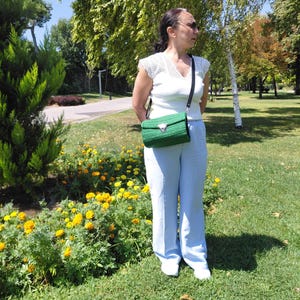 Handmade Green Crochet Crossbody Bag: Tropical Lined Shoulder Purse