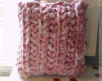 CROCHETED PILLOW COVER in Pink Flannel with Vintage Buttons