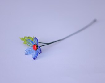 Miniature Lampwork Glass Flower: Blue Floral Art, Handmade in Turkey