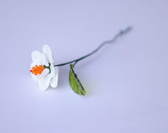 Handmade Blown Glass White Flower – Unique Glass Art with Leaf Detail