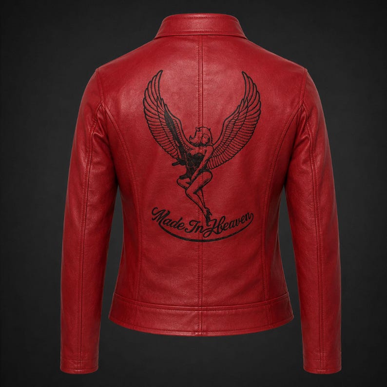 May include: A vibrant red leather jacket featuring a black graphic on the back. The design depicts a winged figure holding a rifle, positioned above the cursive text "Made In Heaven." The jacket has a classic collar, long sleeves, and seams.