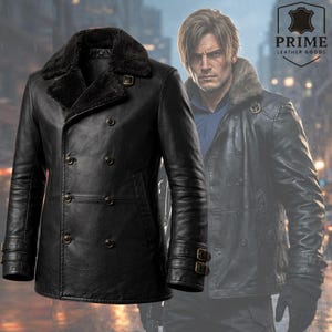 Könnte beinhalten: Schwarze Lederjacke mit Shearling-Kragen und doppelreihigem Design. Mit messingfarbenen Knöpfen und Schnallendetails an den Ärmeln. Die Jacke ist von Prime Leather Goods.