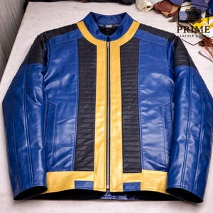 Fallout Vault 33 Leather Jacket | Blue & Yellow Vault Dweller Jacket | Fallout Cosplay Jacket | Gamer Leather Jacket