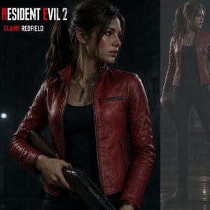 May include: A red leather jacket with a stand-up collar, a front zipper, and zippered chest and side pockets. The jacket is worn over a black tank top, paired with black pants and a silver pendant necklace. Text reads Resident Evil 2 Claire Redfield.