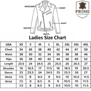 May include: A black and white line drawing of a motorcycle jacket with labels for shoulder, chest, waist, sleeves, and length. The image includes a Prime Leather Goods logo and a Ladies Size Chart table with measurements in inches for sizes XS to 4XL.