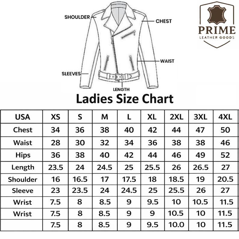 May include: A black and white line drawing of a motorcycle jacket with labels for shoulder, chest, waist, sleeves, and length. The image includes a Prime Leather Goods logo and a Ladies Size Chart table with measurements in inches for sizes XS to 4XL.