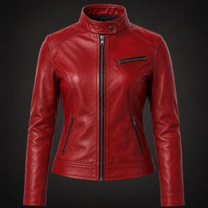May include: A vibrant red leather jacket featuring a stand-up collar with a single snap button closure, a full-length central metal zipper, two lower zippered pockets, and one slanted zippered chest pocket on the left side with long sleeves.
