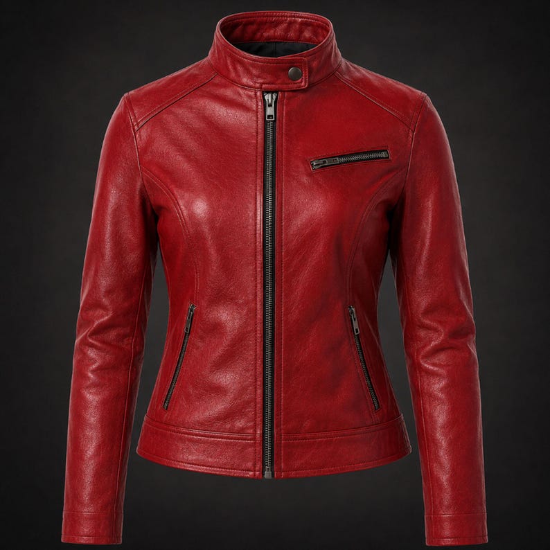 May include: A vibrant red leather jacket featuring a stand-up collar with a single snap button closure, a full-length central metal zipper, two lower zippered pockets, and one slanted zippered chest pocket on the left side with long sleeves.