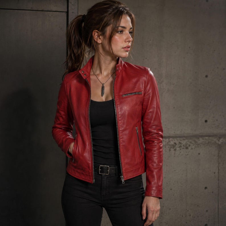May include: A vibrant red leather jacket featuring a stand-up collar, a front zipper closure, and two zippered pockets on the chest and waist. The jacket is worn over a plain black top and black pants, complemented by a silver feather pendant necklace.