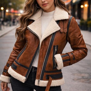 Women Shearling Aviator Jacket | Genuine Sheepskin Leather Bomber | Vintage Brown B3 Flying Jacket Winter Coat
