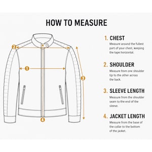 May include: A black and white line drawing of a jacket with numbered arrows indicating measurement points. The text reads HOW TO MEASURE, 1. CHEST, 2. SHOULDER, 3. SLEEVE LENGTH, and 4. JACKET LENGTH, with instructions for measuring each part of the garment.