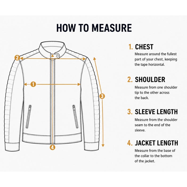 May include: A black and white line drawing of a jacket with numbered arrows indicating measurement points. The text reads HOW TO MEASURE, 1. CHEST, 2. SHOULDER, 3. SLEEVE LENGTH, and 4. JACKET LENGTH, with instructions for measuring each part of the garment.