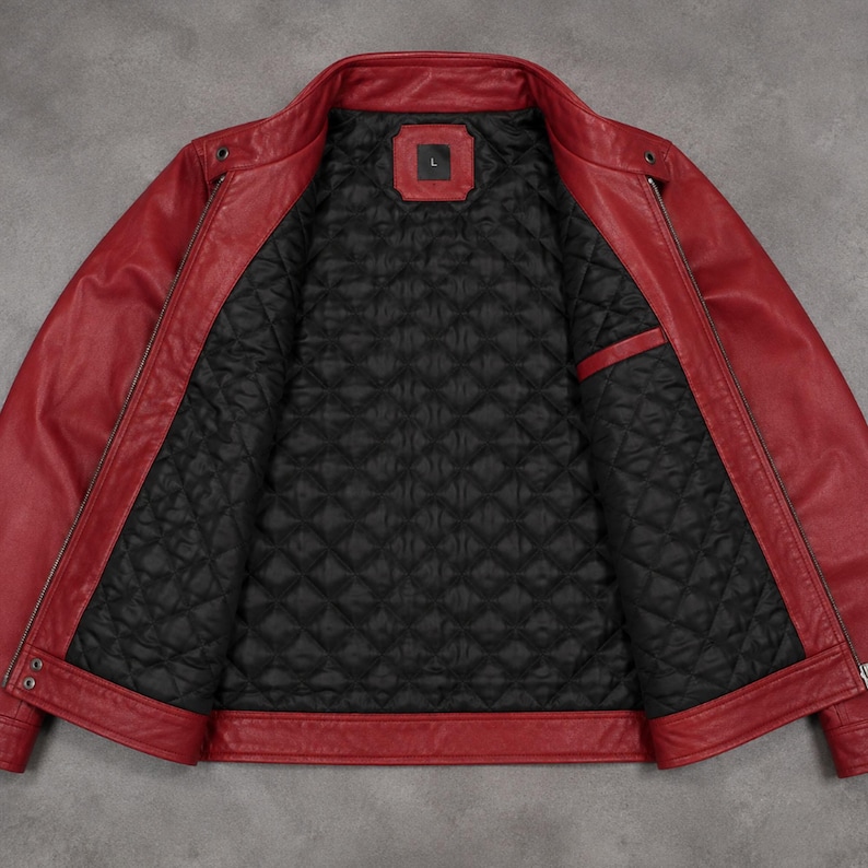 May include: A bright red jacket with a stand-up collar and long sleeves. The interior features a black quilted lining with a diamond pattern. A rectangular label with the letter L is centered at the inner neckline. The jacket has metal zippers.