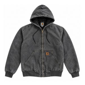 Könnte beinhalten: Eine anthrazitfarbene Kapuzenjacke mit Reißverschluss und verwaschener Optik. Die Jacke verfügt über einen Frontreißverschluss, zwei große Vordertaschen, gerippte Bündchen an Ärmeln und Saum sowie ein kleines rechteckiges Carhartt-Markenlogo.