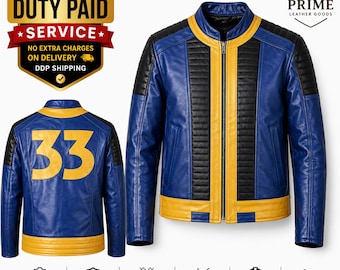 Fallout Vault 33 Leather Jacket Blue Yellow Vault Dweller Cosplay Jacket | Real Leather Gamer Jacket Fallout TV Series Costume Jacket