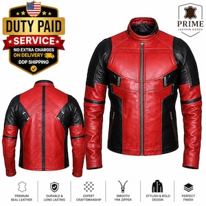 May include: A red and black leather jacket featuring a stand-up collar, a full-length front zipper, and zippered chest pockets. The design includes black panels on the shoulders and sides, with a matching back view showing a vertical center seam.