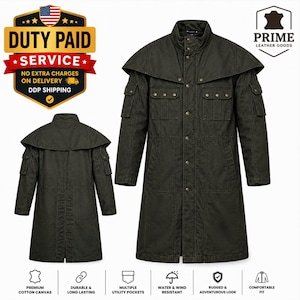 May include: A dark olive green long coat featuring a high collar, a shoulder cape, and multiple utility pockets with brass-colored snap buttons. The coat is shown from both the front and back views, displaying a structured design with a central vent.