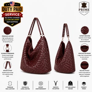 May include: Two dark burgundy hobo bags featuring an intricate woven leather exterior. Each bag includes dual braided shoulder straps attached with metal rings. The design showcases a deep, open main compartment and a structured base, highlighting the craftsmanship of the woven leather texture and the consistent dark red color throughout the construction.