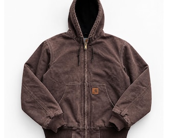 Carhartt J130 Active Jacket DKB Brown Duck Canvas Vintage Hooded Workwear Jacket