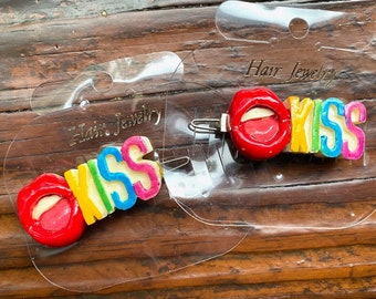 1970s-1980s NOS deadstock painted resin barrettes, KISS lips mouth rainbow, novelty hair accessory