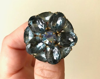 GLORIOUS midcentury rhinestone brooch, smokey dark blue with aurora borealis center, stunning bling, unique color