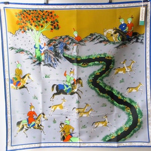 1970s-1980s NOS Nasharr Frères scarf, square, Persian hunt, Marshall Field and Co tag, polyester, landscape