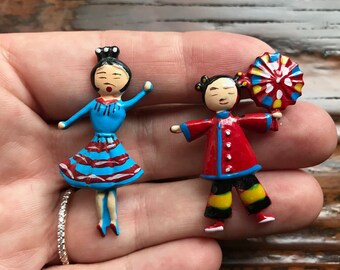 Vintage pair of dancer brooches, Spanish flamenco/Japanese/Asian gymnast dancer, umbrella, hand painted metal