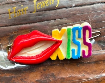 1970s-1980s NOS deadstock painted resin barrettes, KISS lips mouth rainbow, novelty hair accessory