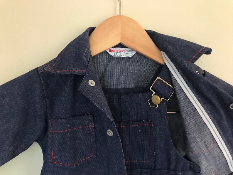 Stantogs 24 months Vtg 1970s Healthtex overalls and denim jacket matching set snaps denim with red stitching