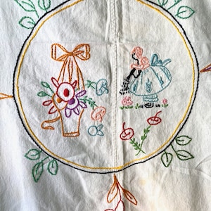 May include: White cotton tablecloth with embroidered flowers, a girl in a dress, and leaves in various colors. The embroidery is done in a circular pattern.