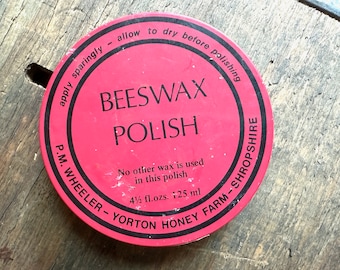 1970s-1980s P. M. Wheeler Beeswax Polish tin, red black, prop, Yorton Homey Farm Shropshire, Neiman-Marcus England