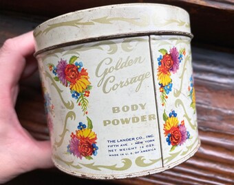 Golden Corsage body powder tin, The Lander Company of New York, floral flower lithography, Gardenia scent, clean, 1950s midcentury