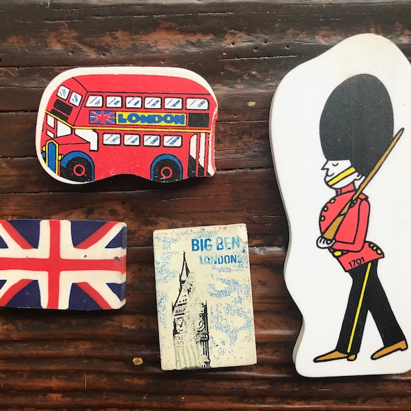 Mixed lot of 1970s-1980s novelty erasers London England theme, travel souvenir, office desk supply, 80s memorabilia collection