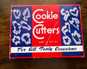 Box of all-season year-round cookie cutters, 1950s-1960s, multi holiday