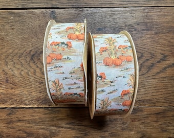 Vtg 1980s Thanksgiving craft ribbon, pumpkins, field, farm life, 2 spools, approx. 7 feet each