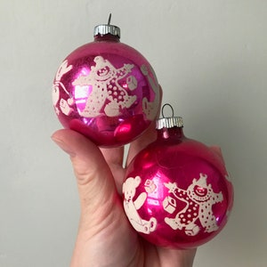 Set of 2 matching pink stencil Shiny Brites, mercury glass, children's toys, circles globes, Christmas tree ornaments, midcentury