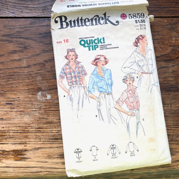 Butterick 5859, size 16 misses' shirt, semi-fitted pointed collar, 1970s vintage sewing pattern