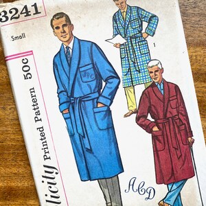 May include: A vintage sewing pattern for a robe, featuring three different styles. The pattern number is 3241 and the size is small. The pattern is titled "lic'lly Printed Pattern 50c".
