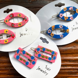 1970s-1980s NOS deadstock painted metal barrettes, pick style, painted flowers, novelty hair accessory