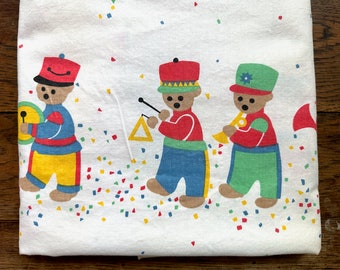 Vtg 1980s teddy bear band cotton fabric, yardage, curtain salvage, kids room child cute
