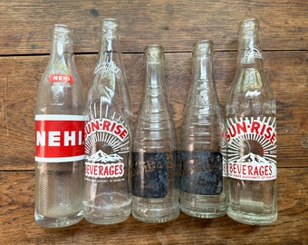 Lot of 5 vintage glass soda pop bottles, instant collection, wedding decor, typography