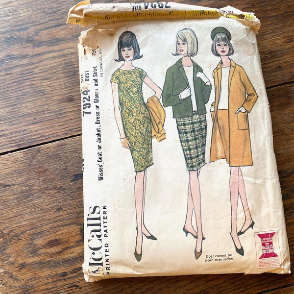 McCalls 7924, size 18 bust 38, misses coat jacket dress blouse skirt, open front jacket, 1960s 1965, kimono sleeves